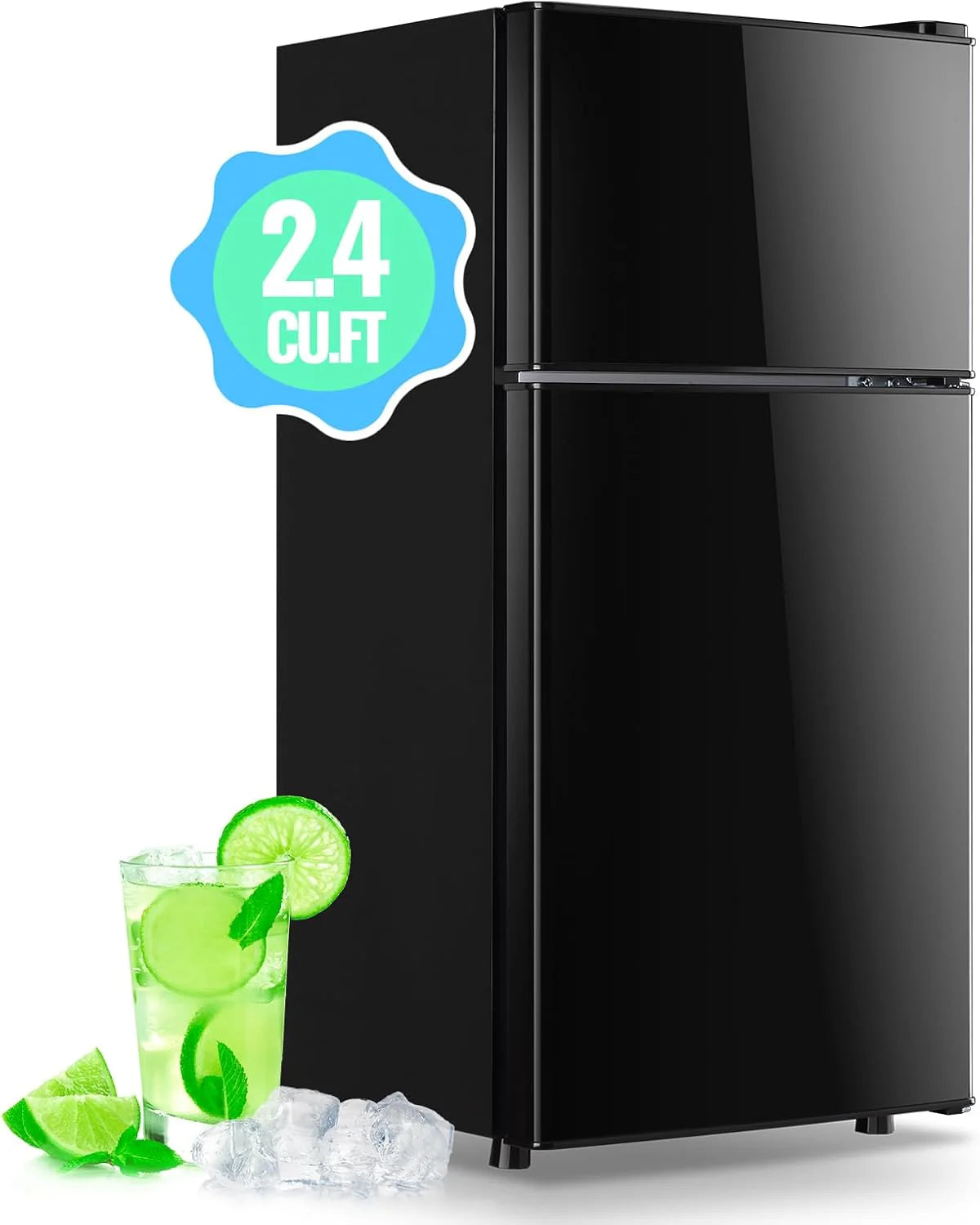 2.4 Cu.Ft Mini Fridge with Freezer & Double Door Small Tiny Size Refrigerator with 7 Temperature Control Knob Only Suitable for One Person Use Black