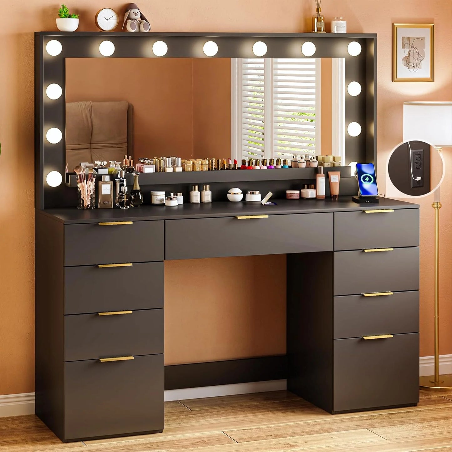Vanity Desk with Mirror and Lights 39.3in Makeup Vanity with Large Mirror