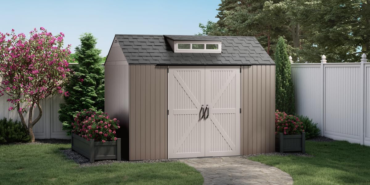 Rubbermaid Resin Outdoor Storage Shed With Floor (7 x 7 Ft) Weather Resistant Gray Organization for Home/Backyard/Garden Tools/Lawn Mower/Bike Storage/Pool Supplies