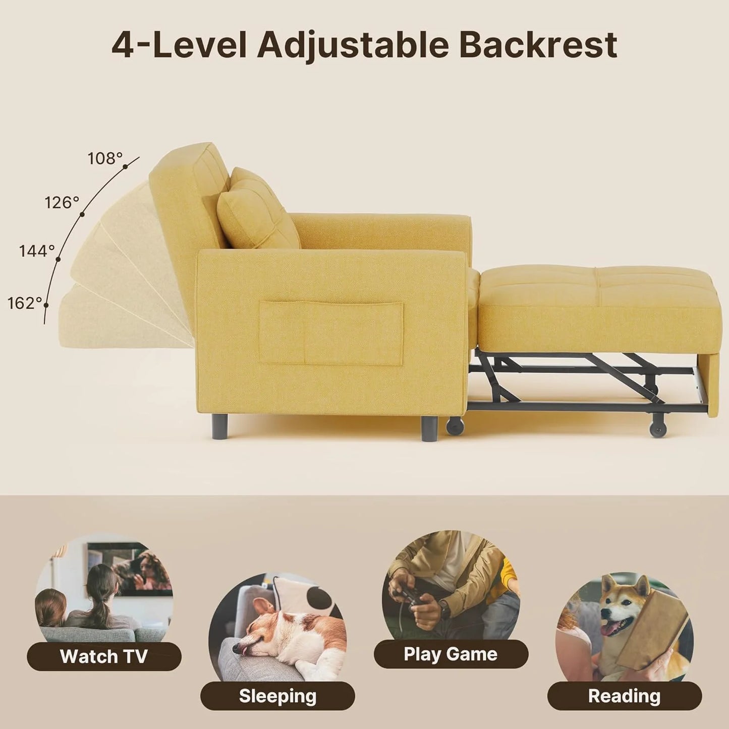 Sofa Bed Chair 3 in 1 Convertible, Pullout Single Sleeper Chair Bed with Adjustable Backrest, Spacious Multifunctional Sofa Couches
