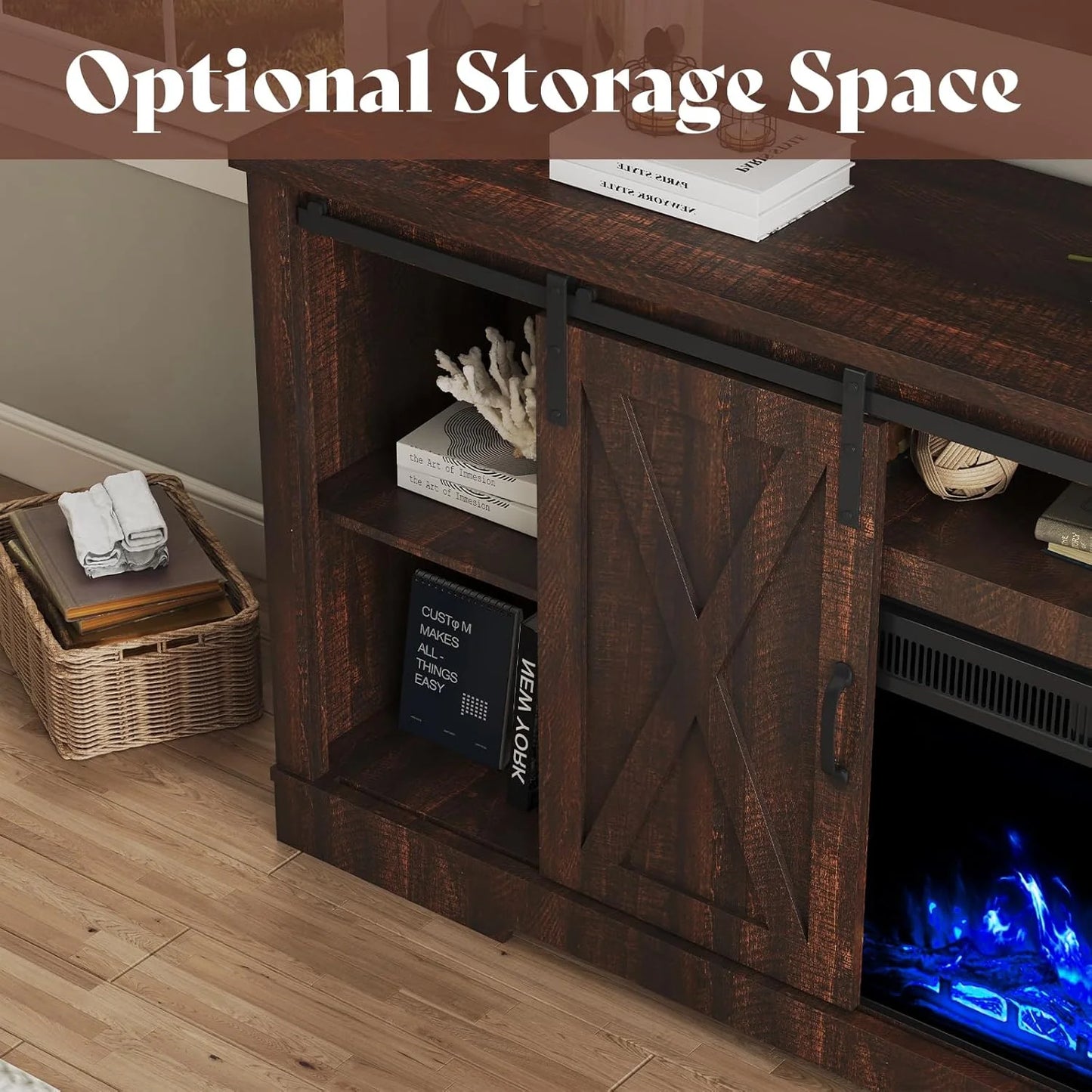 AMERLIFE Fireplace TV Stand with Sliding Barn Door for TVs up to 73", Farmhouse 63" Fireplace Entertainment Center with Storage Cabinets/Adjustable Shelves
