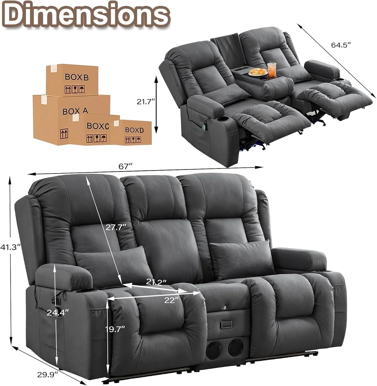 TUNYI Power Loveseat Recliner Sofa with Massage & Heat Home Theater Seating with Console Electric Recliner RV Sofa with USB/Outlet/Storage/Side Pocket/LED Light/Speaker (Brown, Loveseat)
