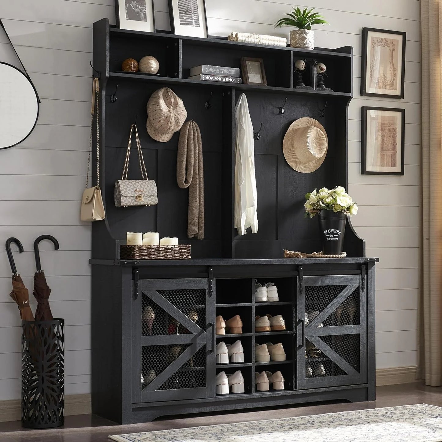 JXQTLINGMU 59-inch Farmhouse Foyer Tree with Shoe Storage, Entryway Bench Foyer Coat Rack Cabinet