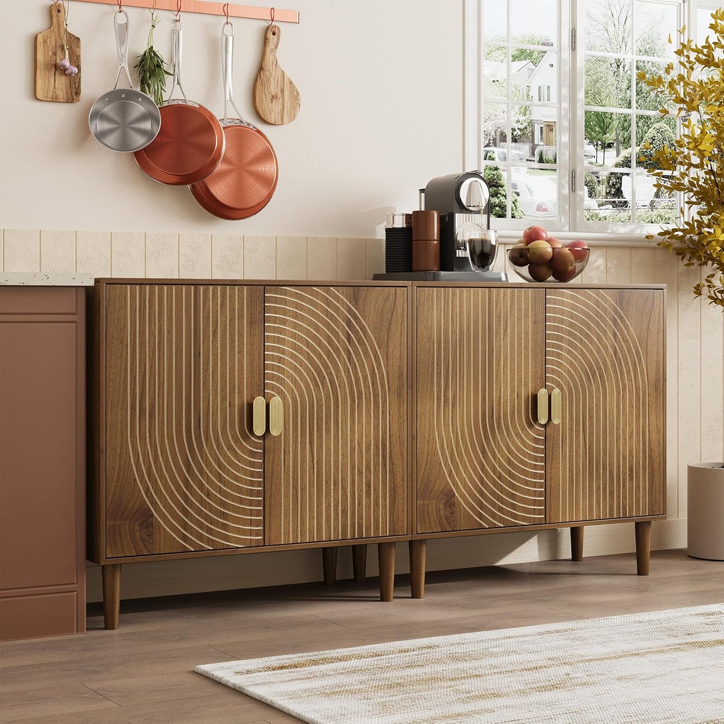 Walnut sideboard, freestanding dining cabinet with cable channel design, wooden storage cabinet with adjustable shelves