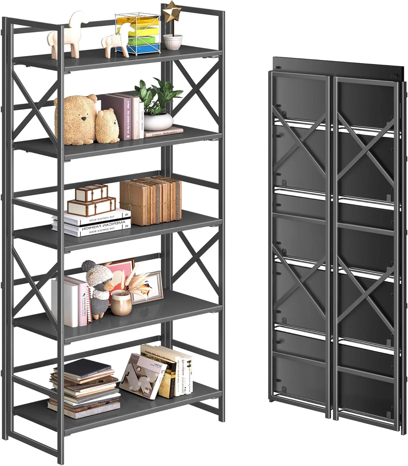 5 Tiers No Assembly Book Shelves 51.2" H Folding Bookshelf Bookcase