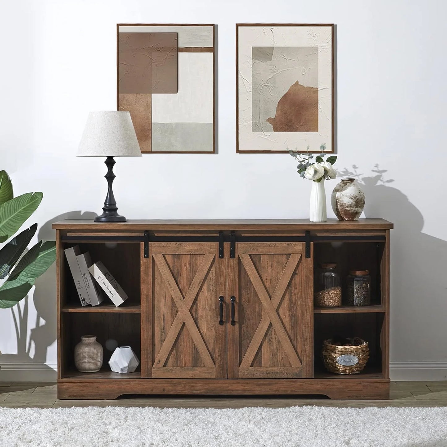 AMERLIFE Fireplace TV Stand with Sliding Barn Door for TVs up to 73", Farmhouse 63" Fireplace Entertainment Center with Storage Cabinets/Adjustable Shelves