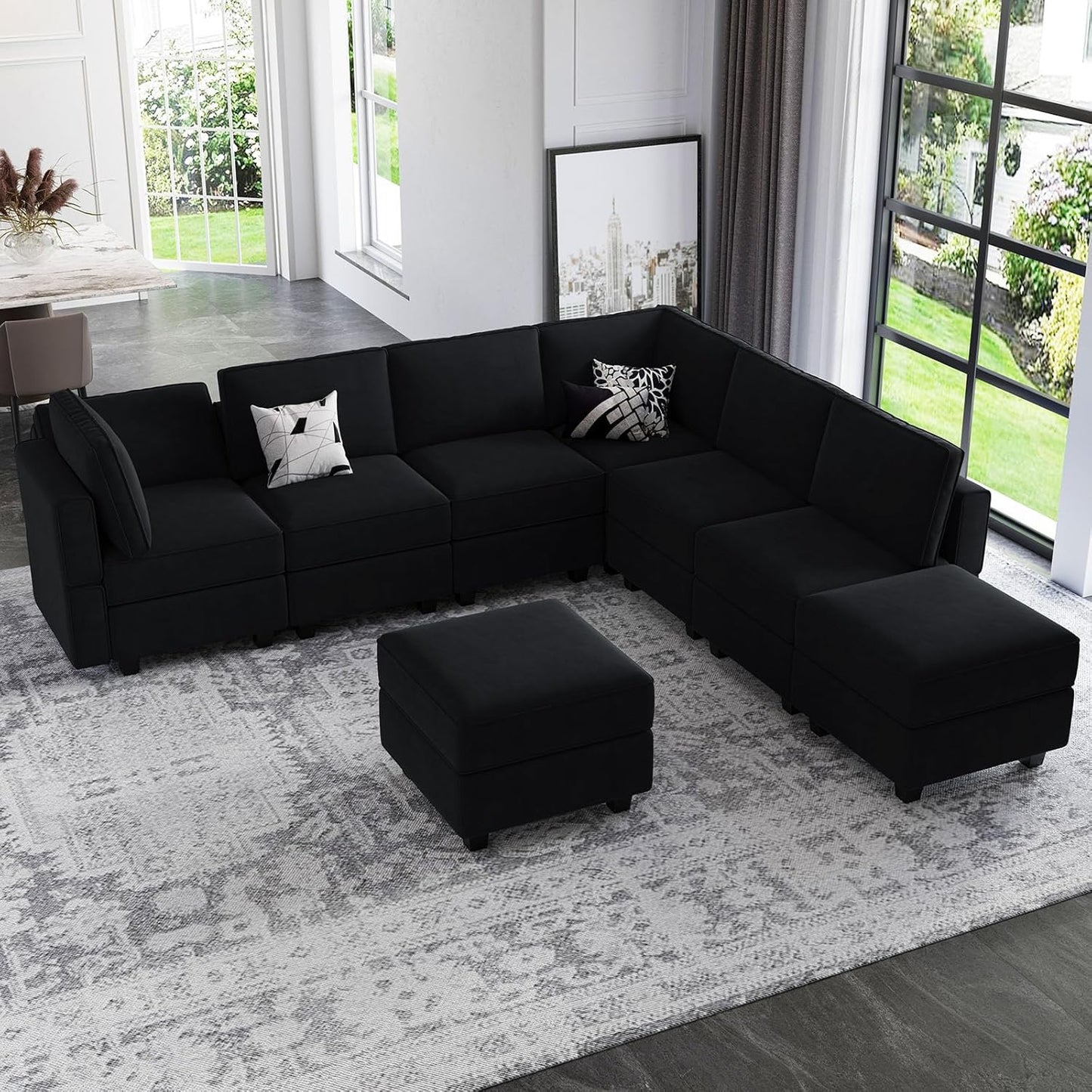 Belffin Modular Sectional Sofa with Ottomans Velvet Reversible Sleeper Chaise Bed Storage Seat Black