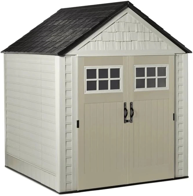 Rubbermaid Resin Outdoor Storage Shed With Floor (7 x 7 Ft) Weather Resistant Gray Organization for Home/Backyard/Garden Tools/Lawn Mower/Bike Storage/Pool Supplies
