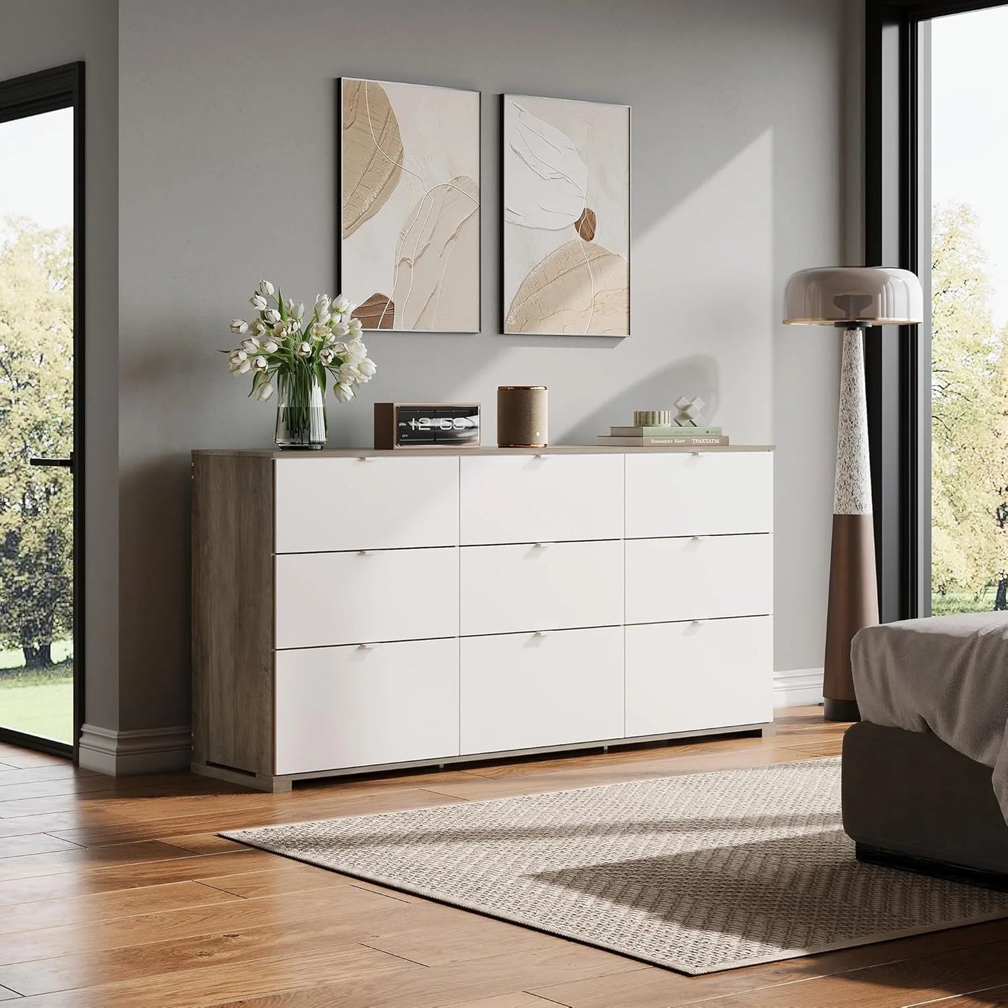 9 Drawer Led Dresser for Bedroom, 58.35'' Wide Wood Dresser Storage Organizer with Power Outlets for 65'' TV, Dressers with Open Shelves