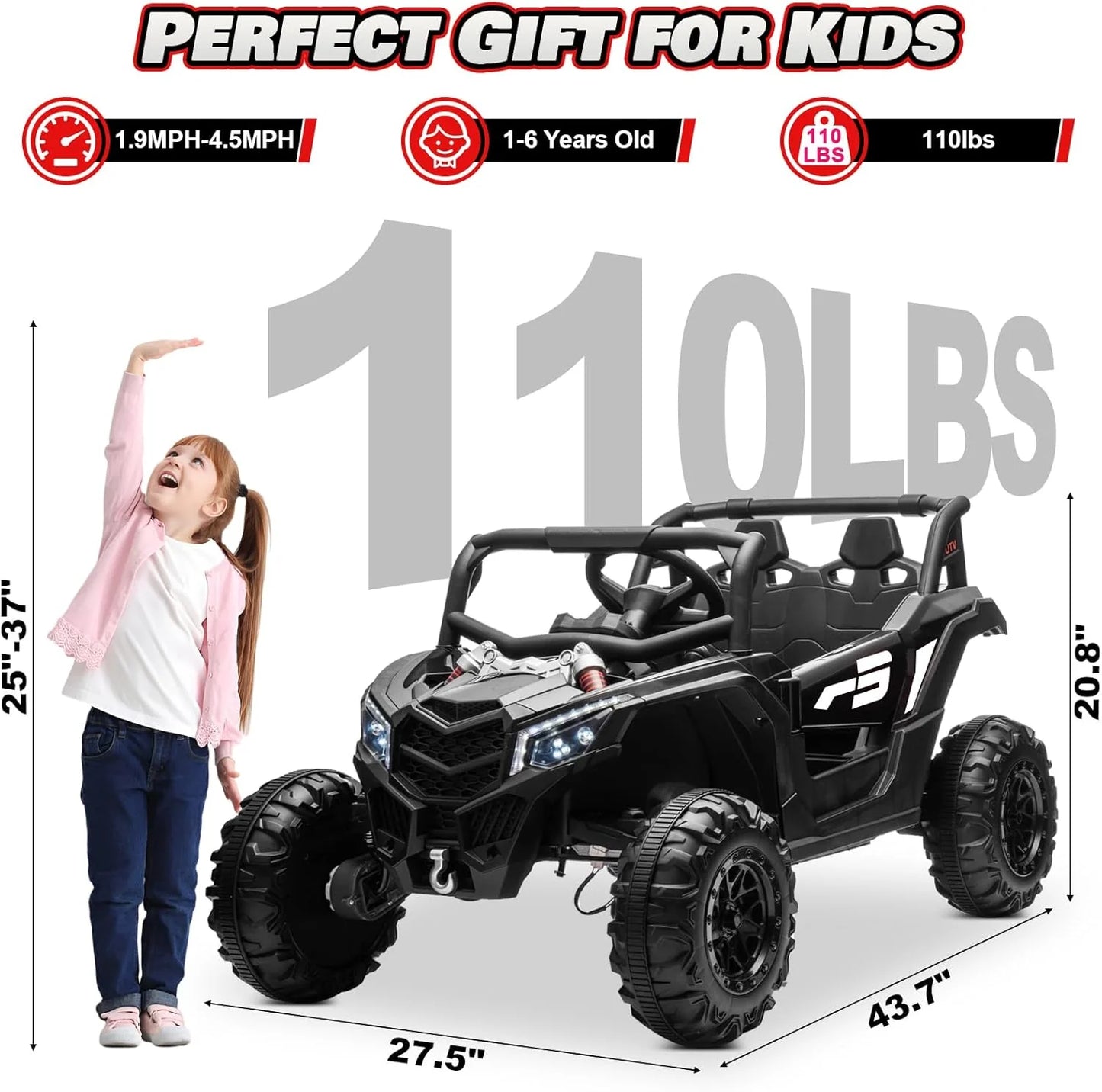 JOYRACER Kids Remote Control Car with 4 x 150W Motors, Shock Absorbers, Bluetooth, MP3 Player, and Headlights