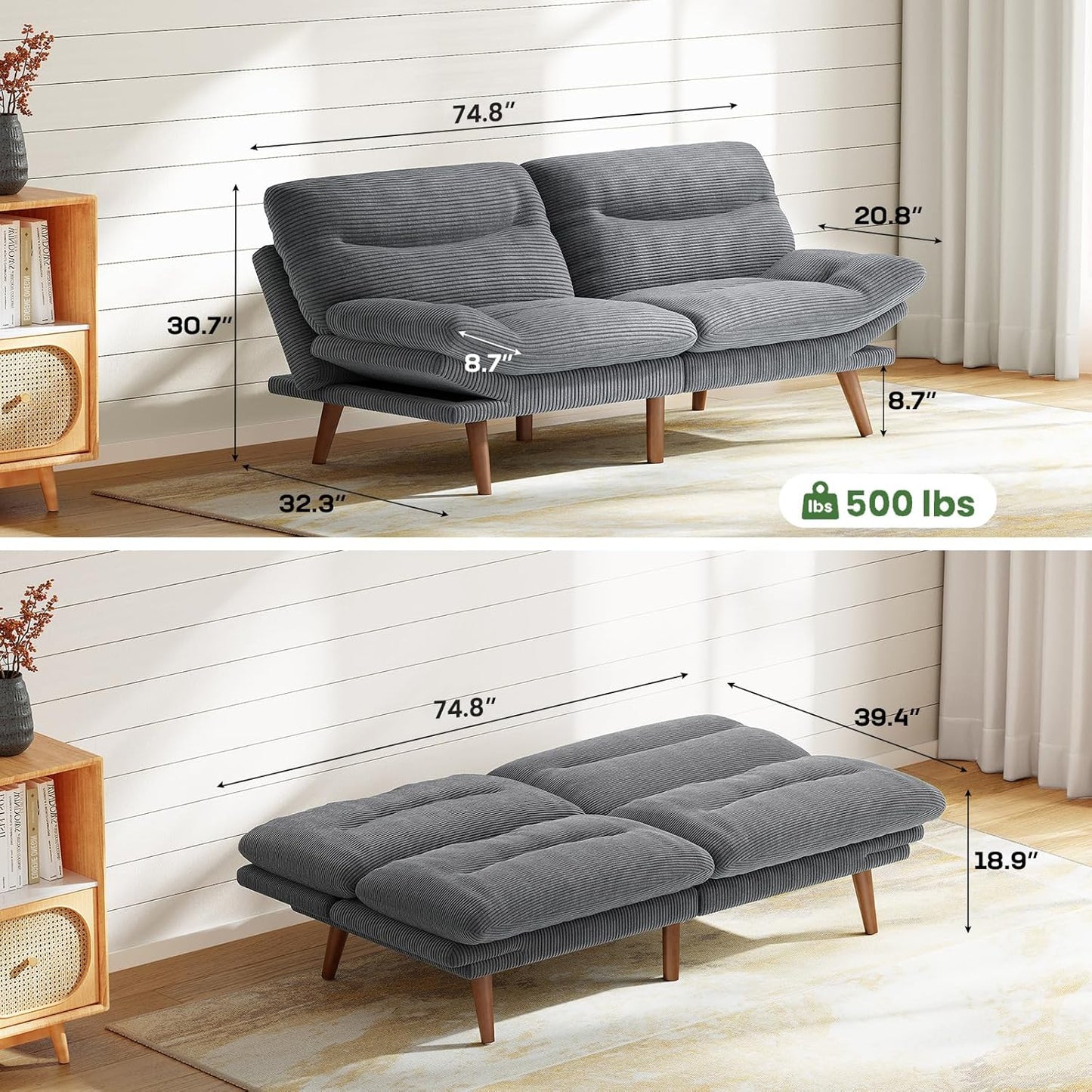 Futon Sofa Bed, Futon Sofa with Adjustable Back and Armrests, Converts to Small Sleeper Sofa Bed Corduroy Loveseat Green