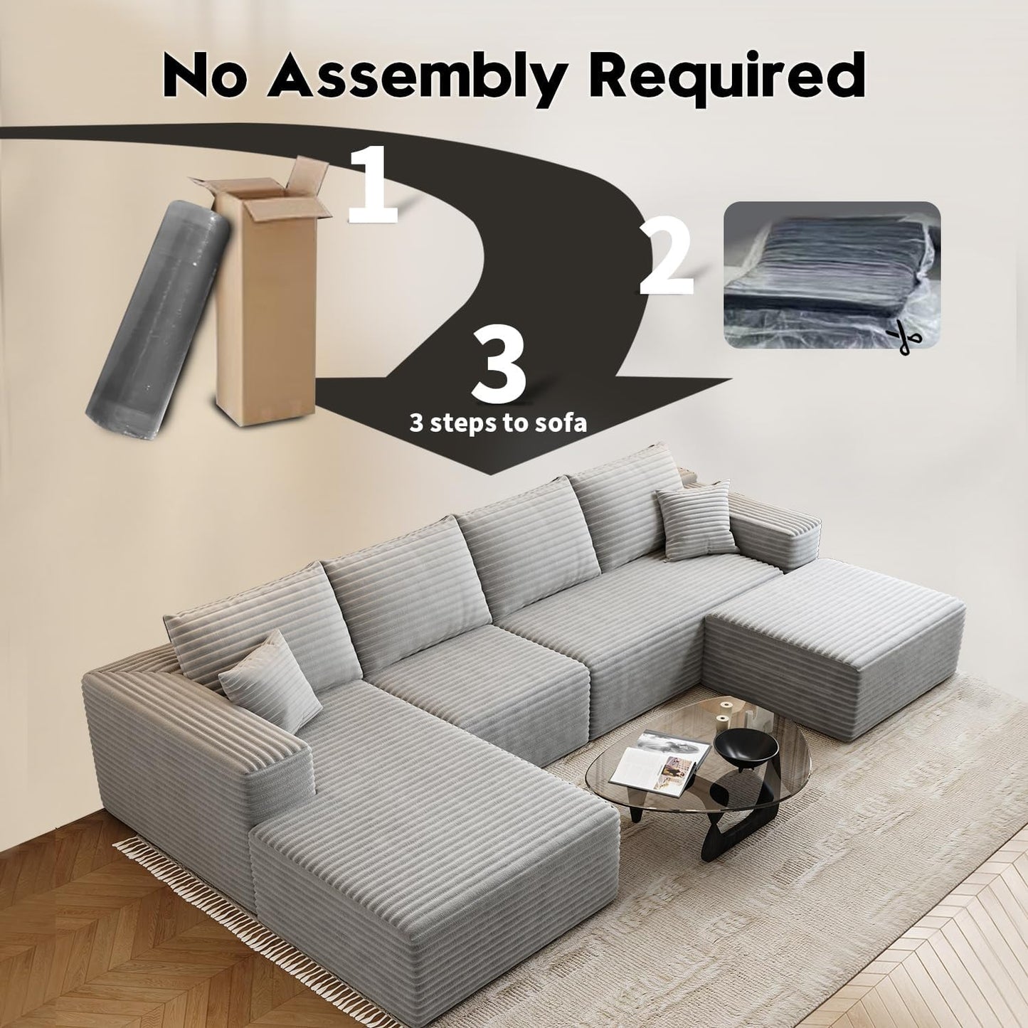 107.5 inch Cloud Modular Sectional Sofa with L-Shaped Chaise Lounge, Modern Minimalist Upholstered Sofa Deep Seating Corner Sofa