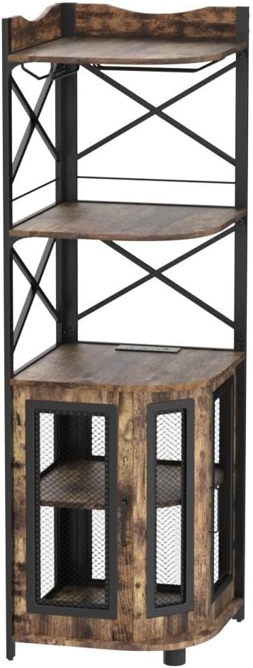 Corner bar cabinet with power socket, industrial style wine cabinet with LED light strip and glass rack, home five-layer wine cabinet bar unit, small space corner display cabinet