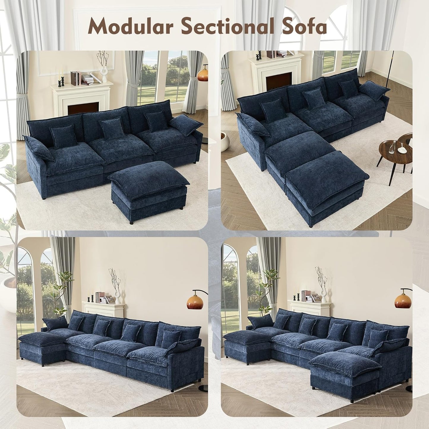 108 Inch U Shape Sofa, Sectional Sofa, Comfortable Cloud Sofa with Removable Footstool, Living Room Deep Seat Sofa, Linen, Beige