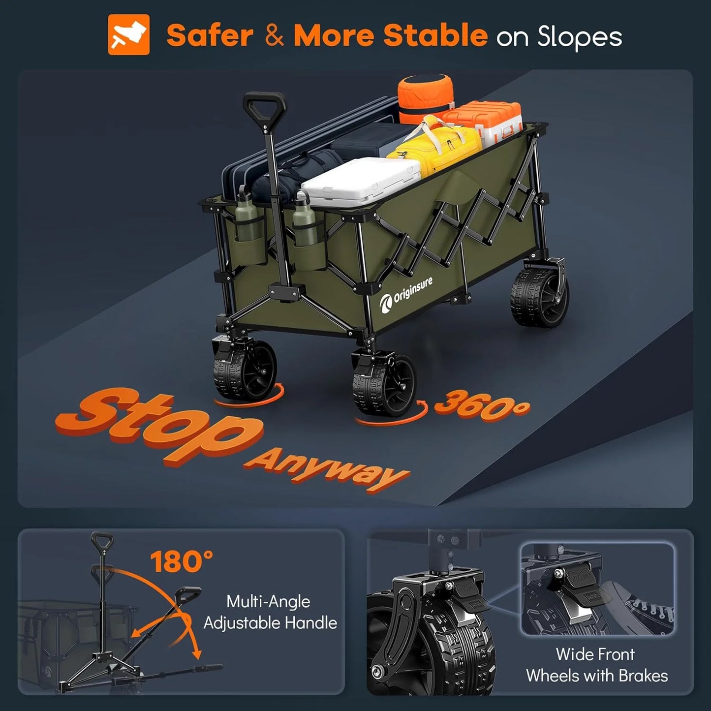 38" long foldable four-wheel stroller, foldable, 460 lb capacity, 220 liter heavy-duty folding beach stroller with large all-terrain tires