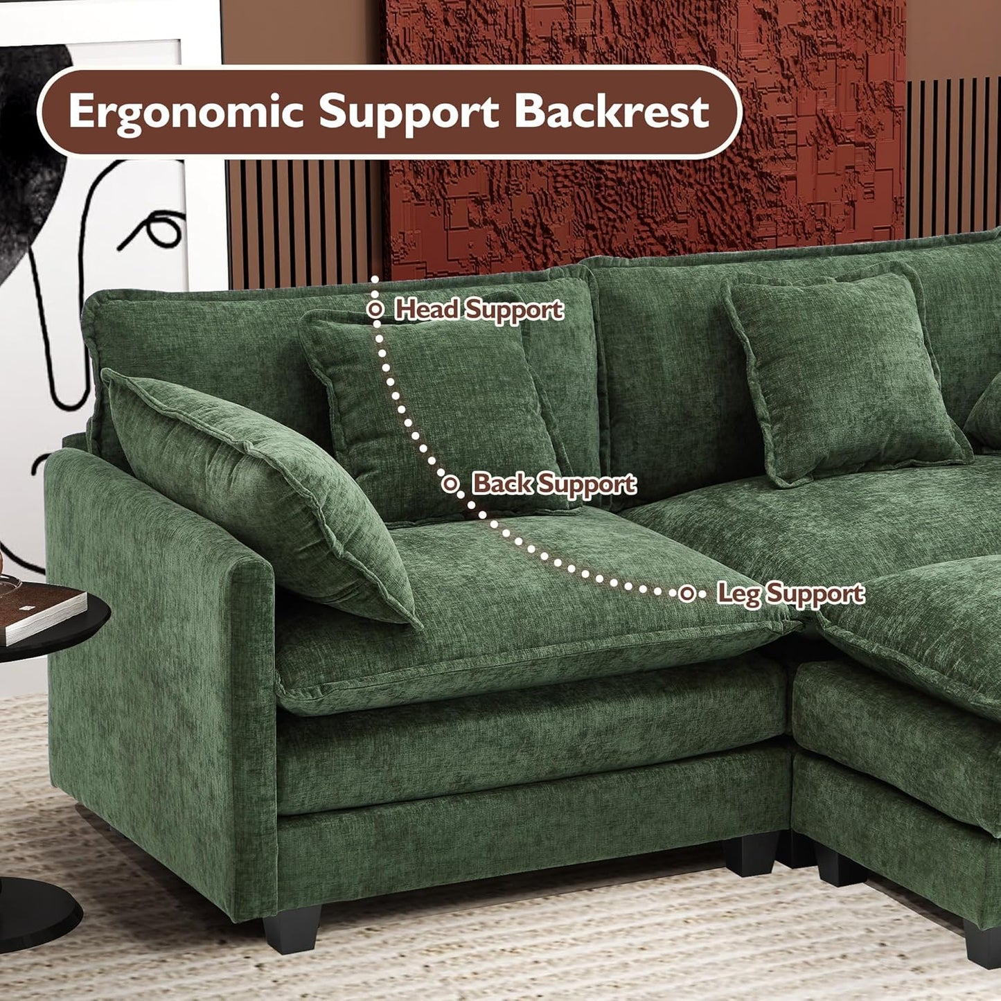 111.4 Inch L-Shaped Modern Sofa Modular Cloud Sofa with Ottoman, 4-Seater Chenille Deep Seat Sofa with Pillows for Living Room, Bedroom and Apartment, Beige