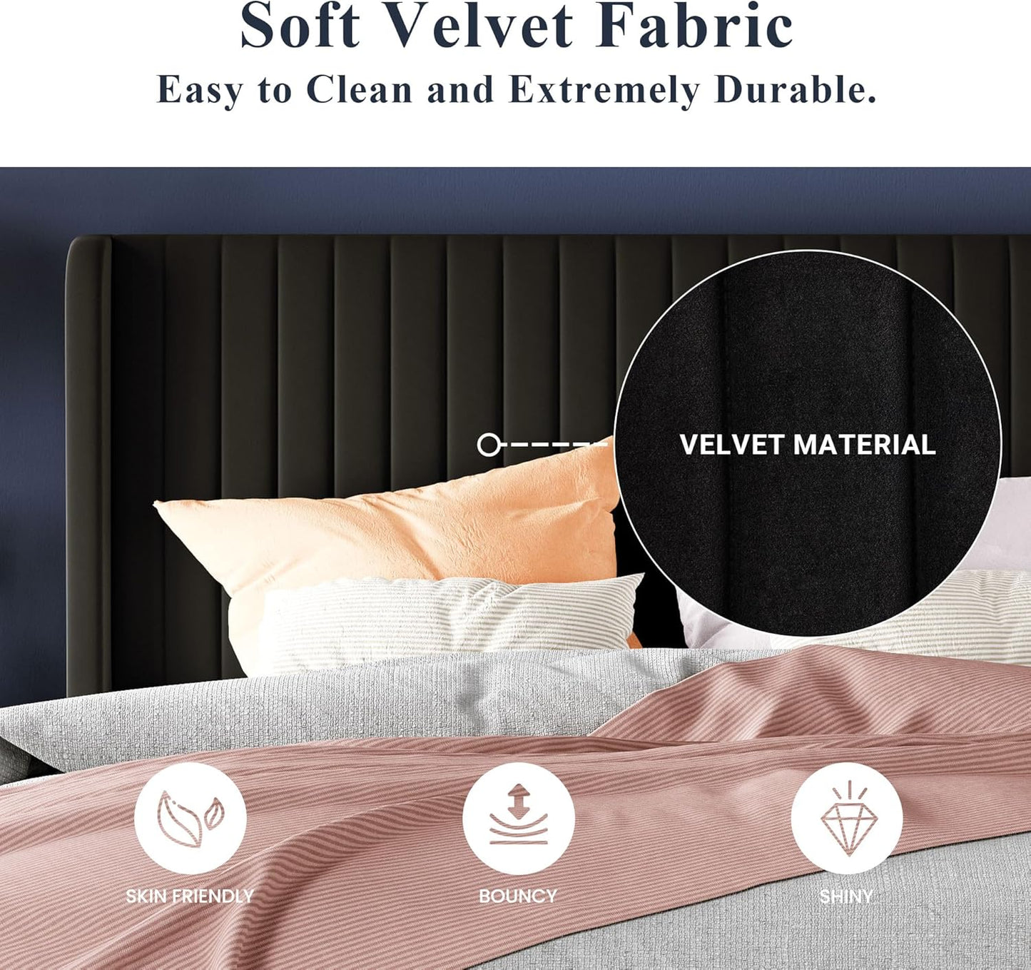 Allewie Full Size Velvet Bed Frame/Vertical Channel Tufted Wingback Headboard/Upholstered Platform Bed/Strong Wooden Slats/No Box Spring Needed/Easy Assembly/White