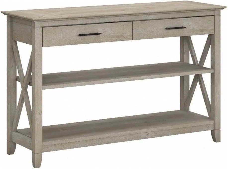 Key West Console Table with Drawers and Shelves in Linen White Oak