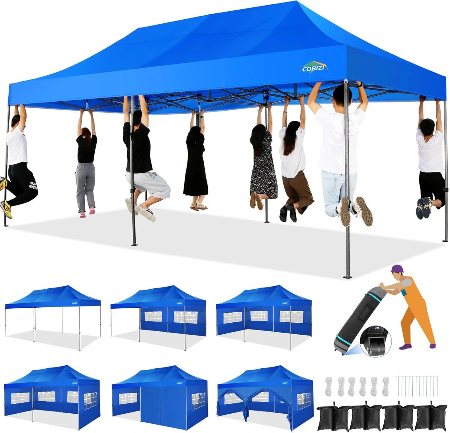 COBIZI 10x20 Heavy Duty Pop up Canopy Tent with 6 sidewalls Easy Up Commercial Outdoor Canopy Wedding Party Tents for Parties All Season Wind & Waterproof Gazebo with Roller Bag,Black(Frame Thickened)
