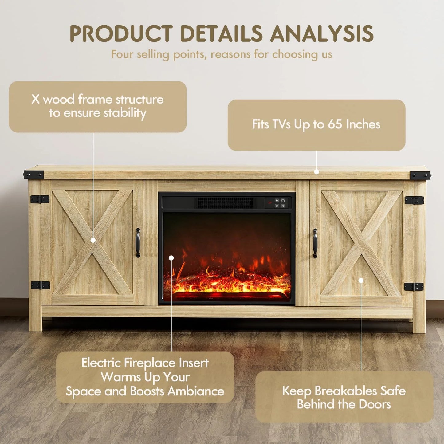 YESHOMY Fireplace TV Stand with Two Barn Doors and Storage Cabinets for Televisions up to 65+ Inch, Entertainment Center Console Table, Media Furniture for Living Room, 58 Inch