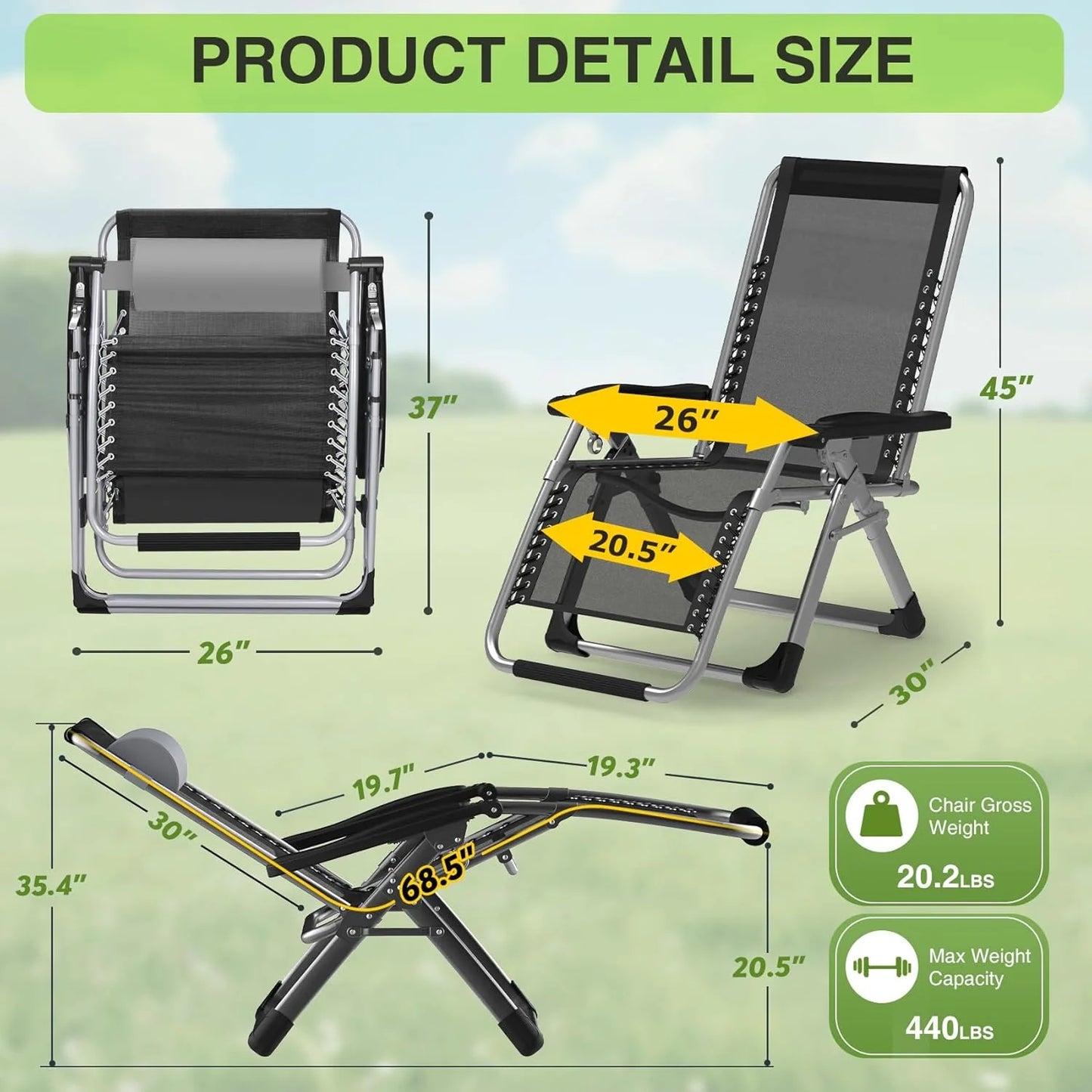 Indoor and outdoor patio chair folding lounge chair zero gravity chair with removable cushion camping lounge chair
