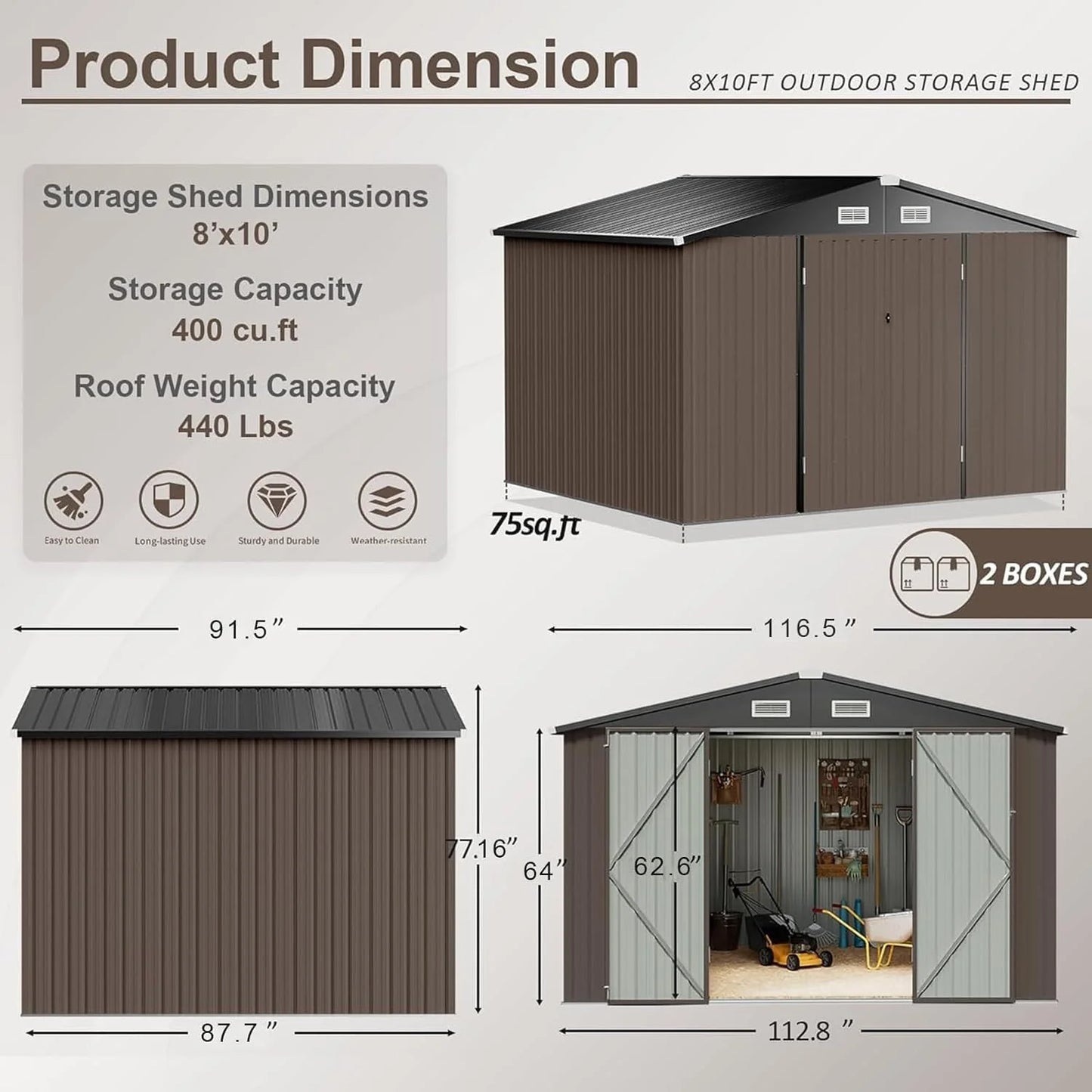 Aoxun 6.2x4 FT Shed Outdoor Storage Shed Metal Garden Shed with Lockable Doors & Slooping Roof Tool Shed Bike Shed for Backyard, Patio, Poolside (Brown)