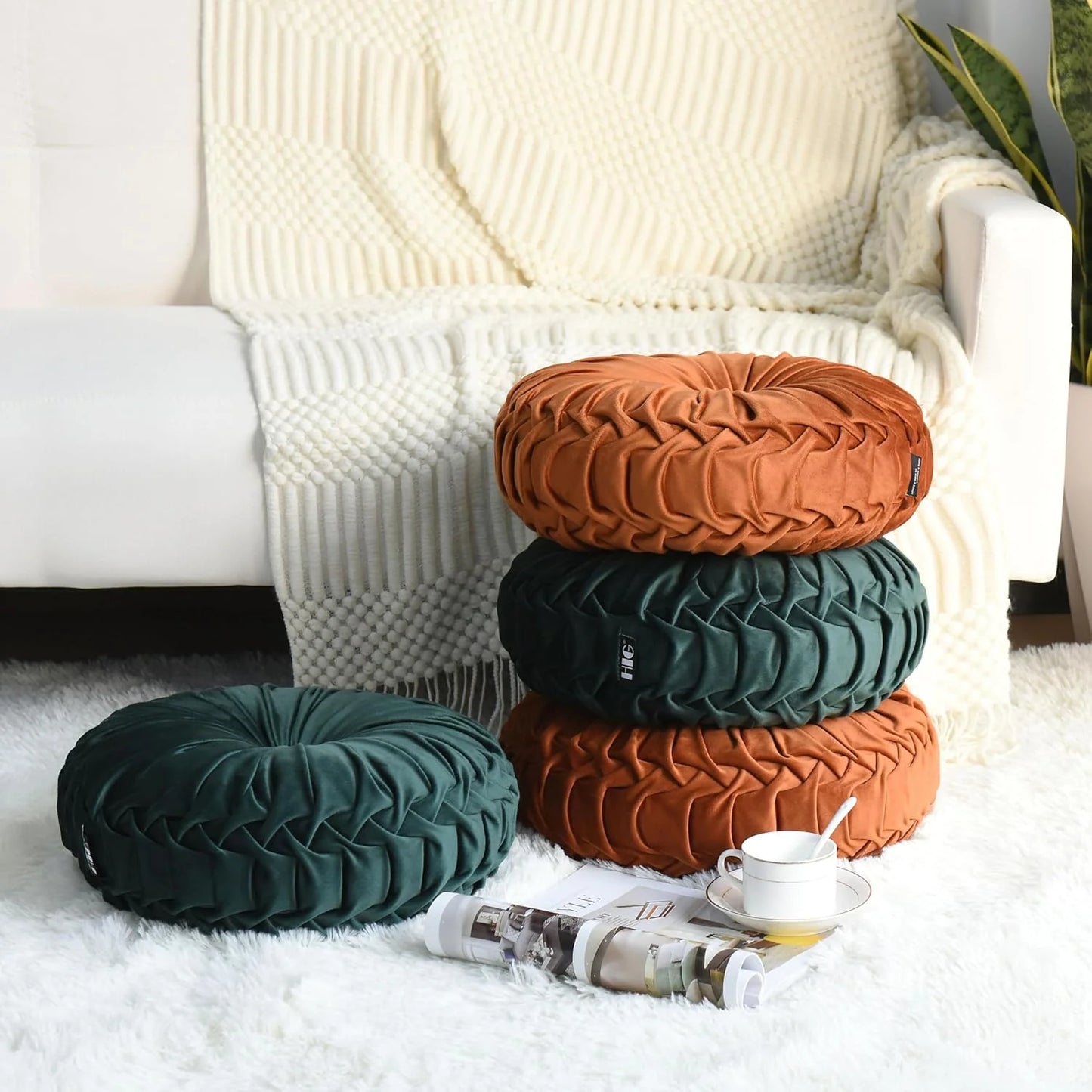 Set of 2 Decorative Round Pleated Throw Pillows