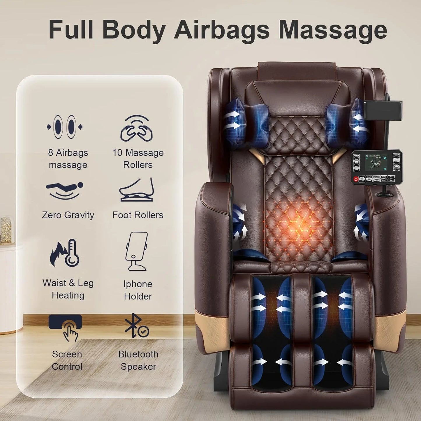 2025 Massage Chair Full Body, Zero Gravity Massage Chair with 10 Fix Rollers, Heating, Foot Massage, Auto Modes, Bluetooth Speaker, Touch Screen Controller (Black & Brown)