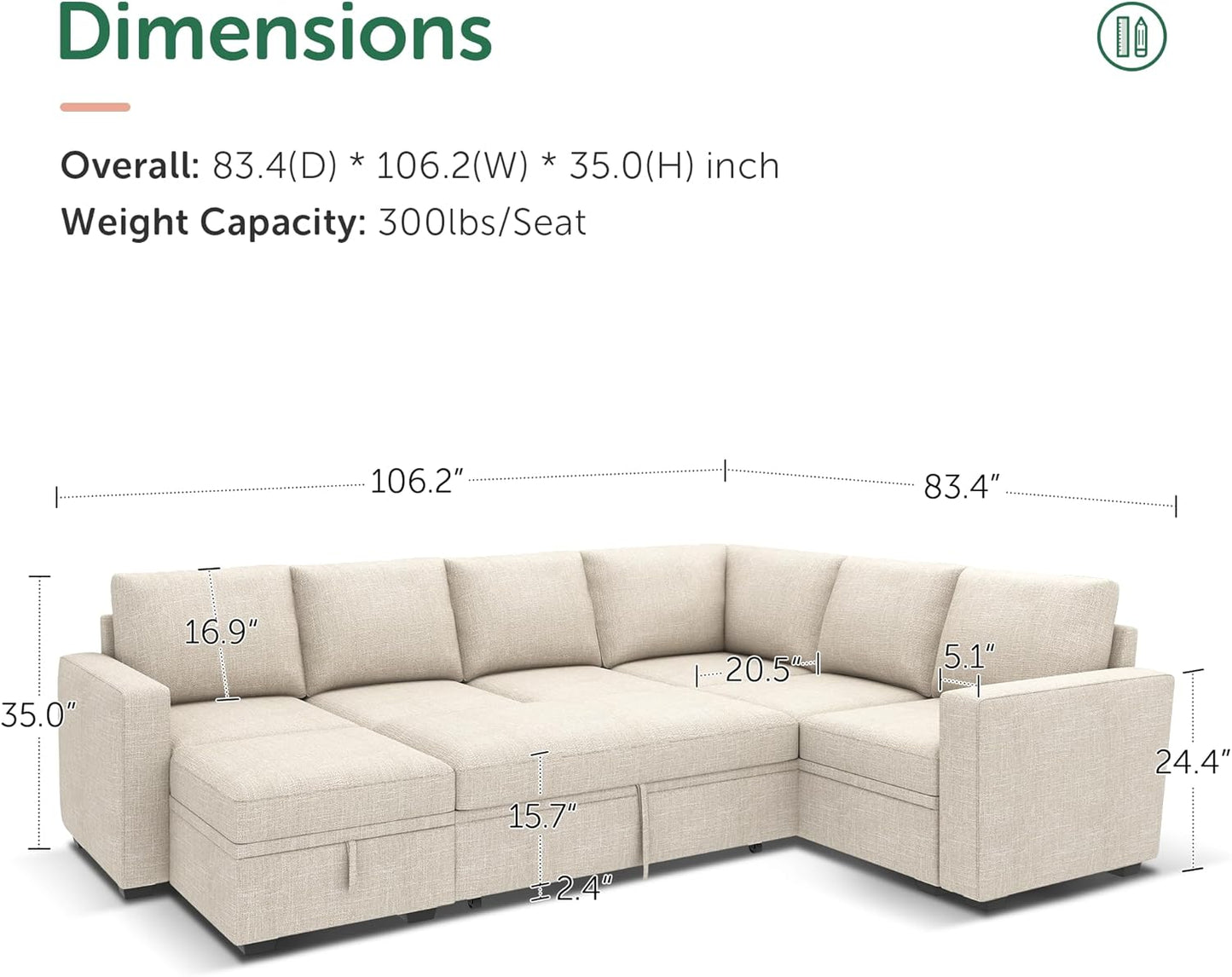 HONBAY Modular Sectional Sleeper Sofa with Pull Out Bed, L Shaped Couch with Storage Seat, Convertible Sectional Couches for Living Room