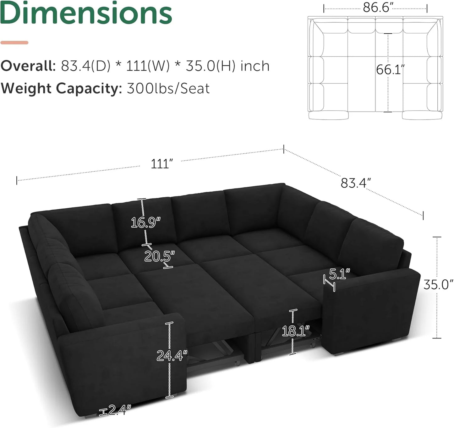 HONBAY Modular Sectional Sleeper Sofa with Pull Out Bed, L Shaped Couch with Storage Seat, Convertible Sectional Couches for Living Room