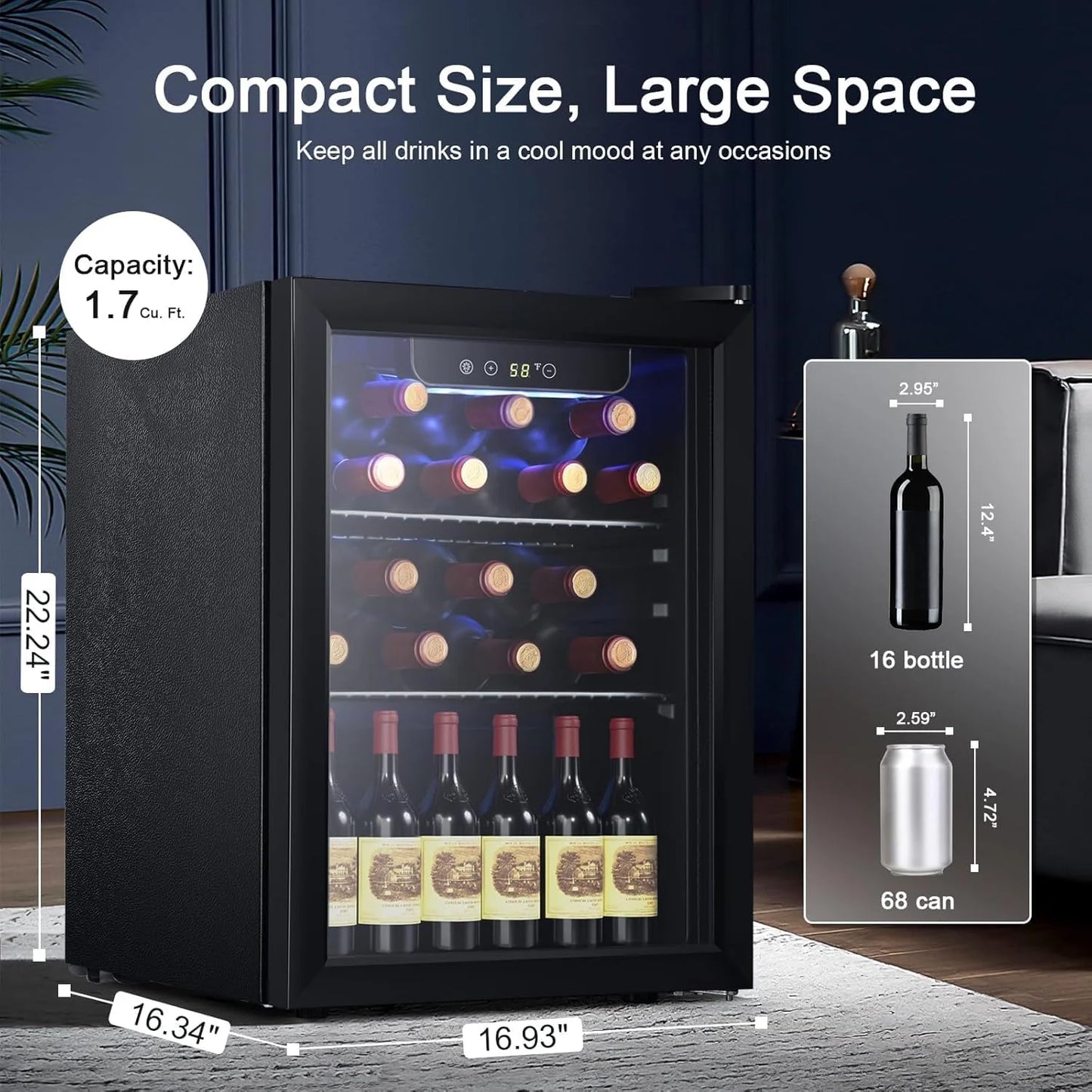 Antarctic Star 26 Bottle 130 Can Wine Cooler/Cabinet Beverage Refrigerator Mini Wine Cellar Beer Soda Clear Glass Door Bar Fridge Quiet Compressor Adjust Temp Freestanding Indoor Use 3.2cu.ft Black