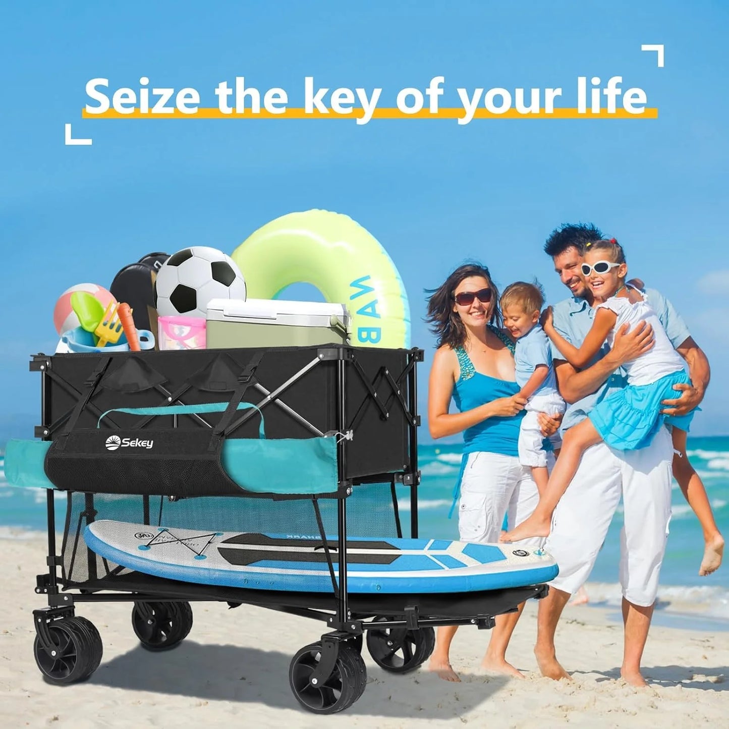 400L Large Capacity Folding Double Decker Wagon with Brakes, 50" Extra Long Extender Cart, 500lbs Heavy Duty Collapsible Wagons