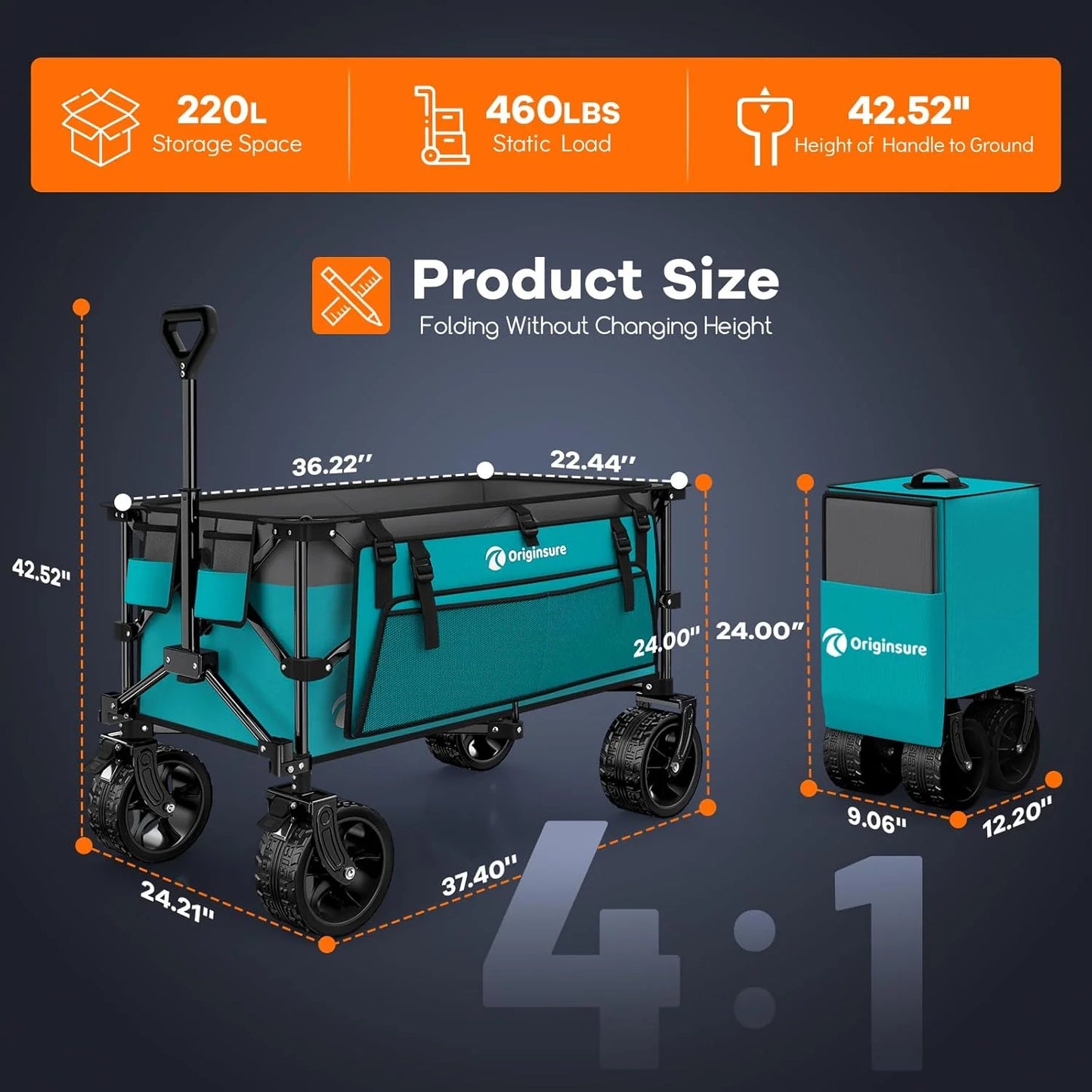 38" long foldable four-wheel stroller, foldable, 460 lb capacity, 220 liter heavy-duty folding beach stroller with large all-terrain tires