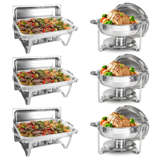 Chafing Dish Buffet Set 6 Packs, 5QT Round & 8QT Rectangle Stainless Steel Chafer