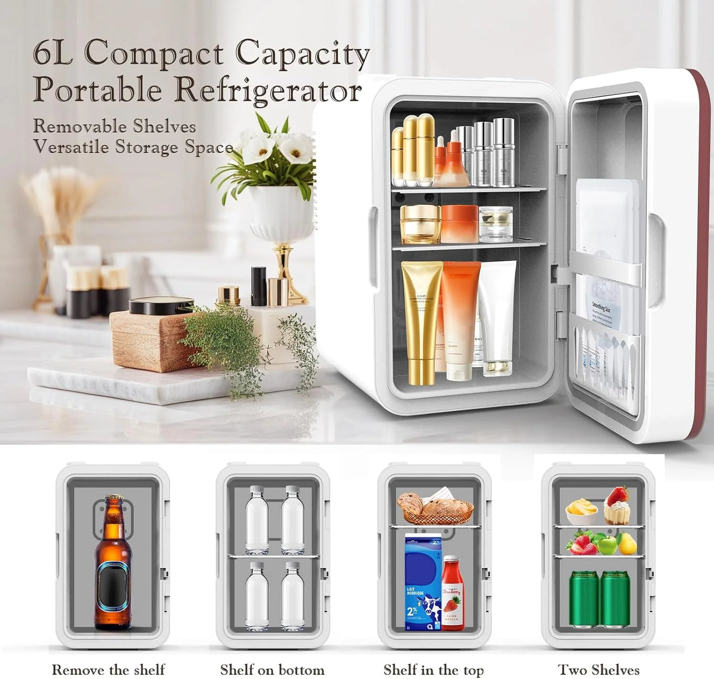 Skincare Fridge, 6L/10 Can Mini Fridge for Bedroom with Dimmable LED Mirror, Portable Cooler & Warmer Small Compact Refrigerator for Skincare, Cosmetics, Bedroom and Office, White