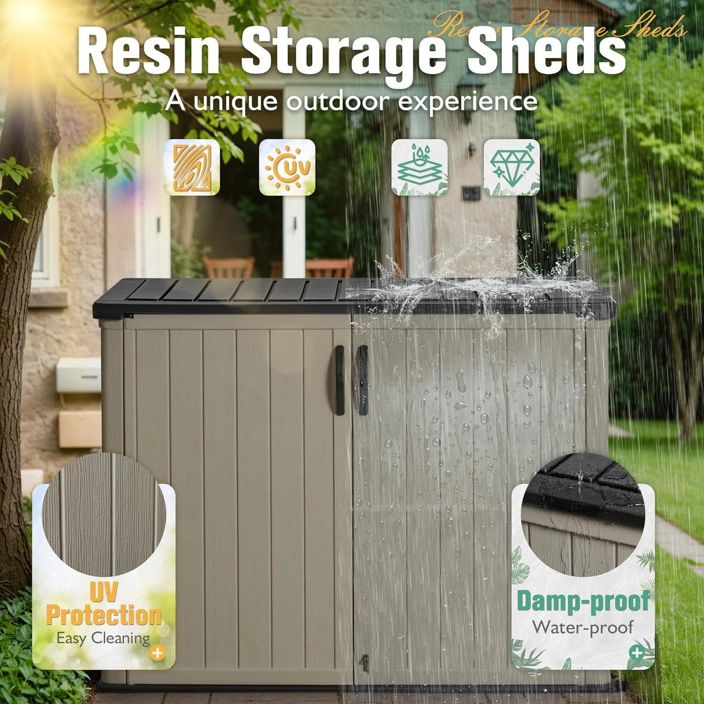 Greesum Outdoor Horizontal Storage Shed 27 Cu.ft Resin Large Storage Box for Garden, Patio, Backyard