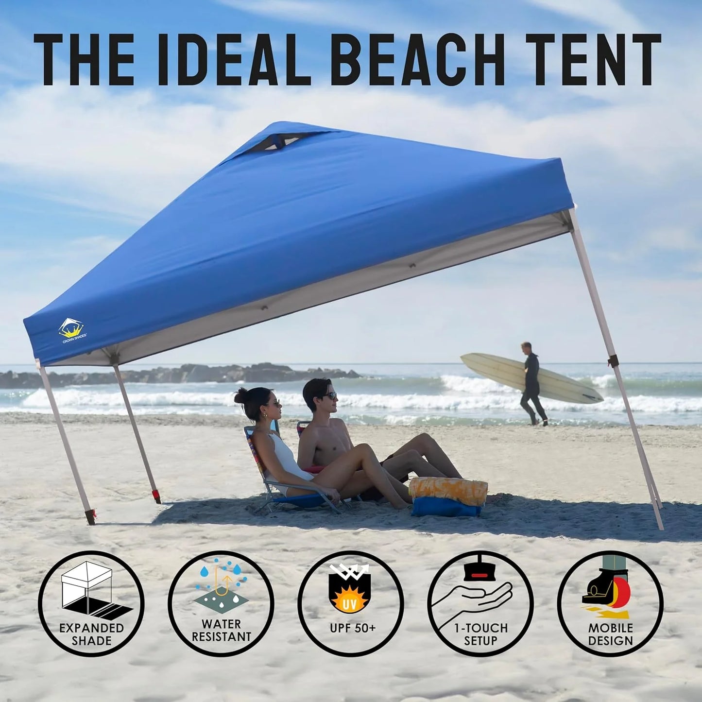 10x10 Pop-Up Awning - One-Click Installation Beach Tent - Outdoor Sunshade Silver Coated Top, 3 Heights and 4 Sand Pockets
