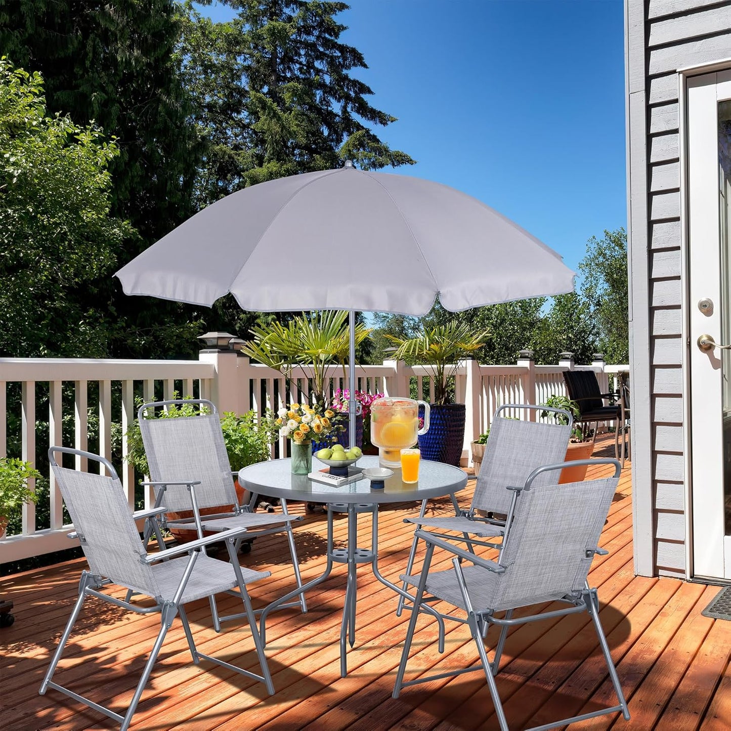 Vongrasig 6 Piece Folding Patio Dining Set,Small Metal Outdoor Garden Patio Table and Chair Set w/Umbrella for Lawn,Deck,Backyard,Black