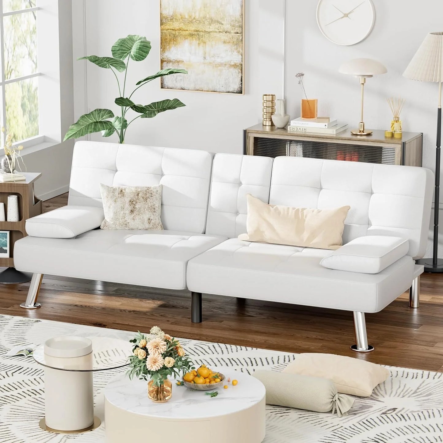 Homall Futon Sofa Bed, Leather Futon Couch with Removable Armrests, Adjustable Recliner Sleeper Sofa Bed with Dual Cup Holders for Living Room, Apartment