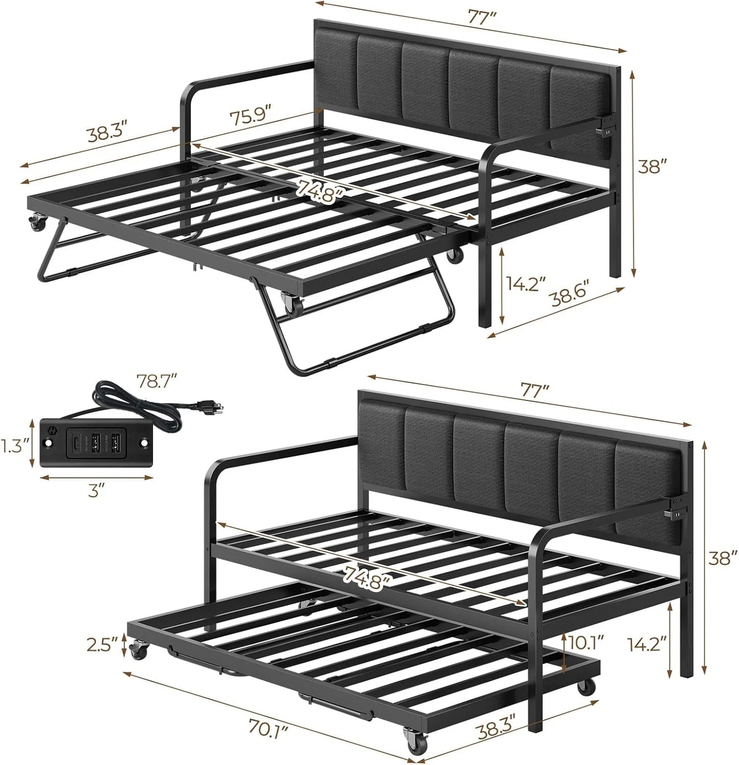 Rolanstar Daybed with Charging Station and LED Lights, Height Adjustable Twin Daybed with Trundle, Metal Sofa Bed Frame with Steel Slat Support