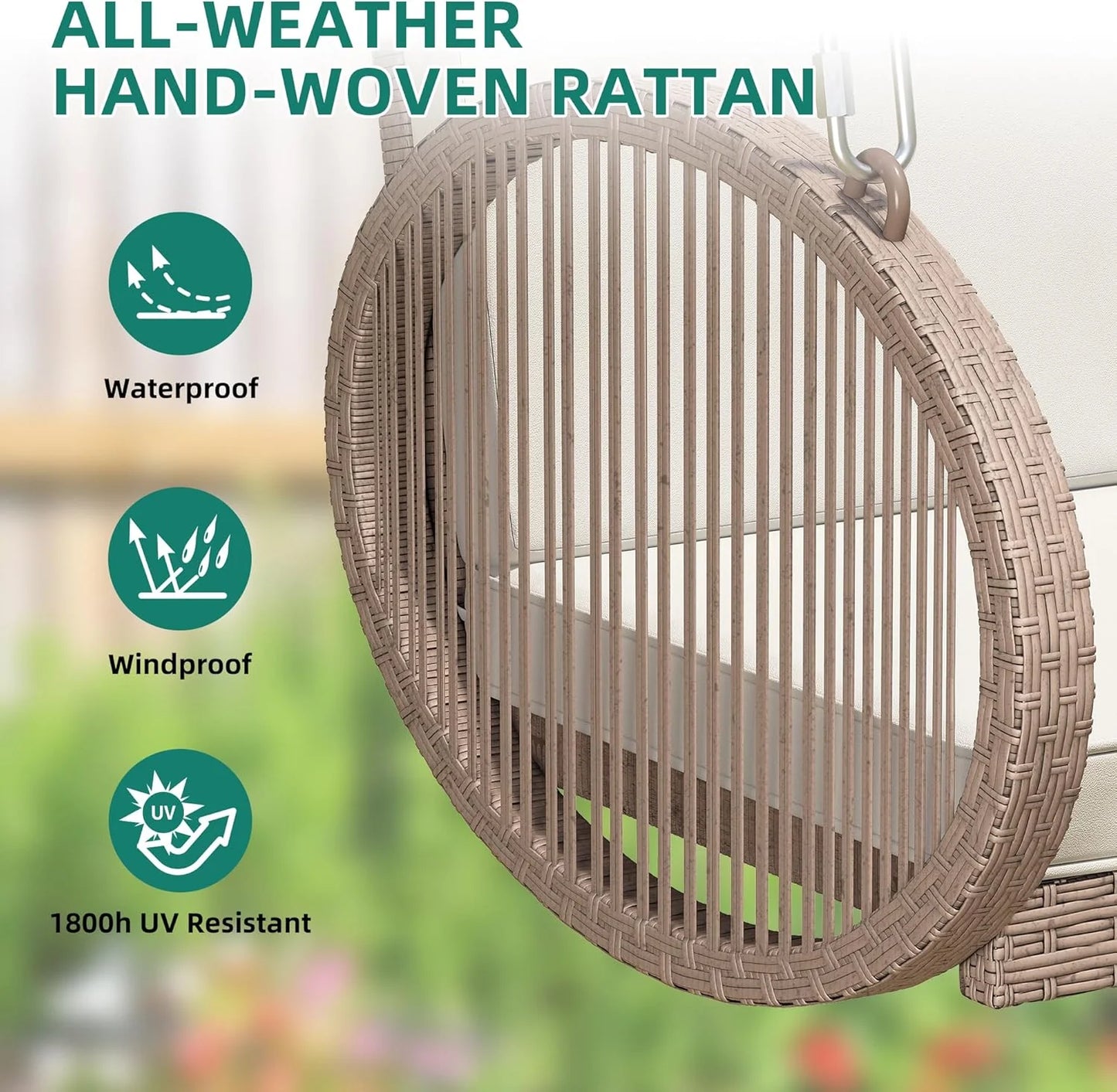 YITAHOME Hanging Porch Swing Chair Sits 3 People, Wicker Outdoor Swing Bench, Patio Lounge Chair, 1 Seating Cushion and 3 Back Cushions, w/Removable Covers, for Garden, Balcony, Backyard, Brown