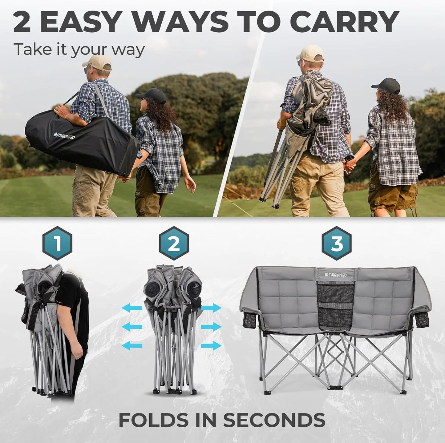 Double Camping Chair with Cooler 3-Person Folding Extra Large Camping Chair with 1000-Pound Load Capacity