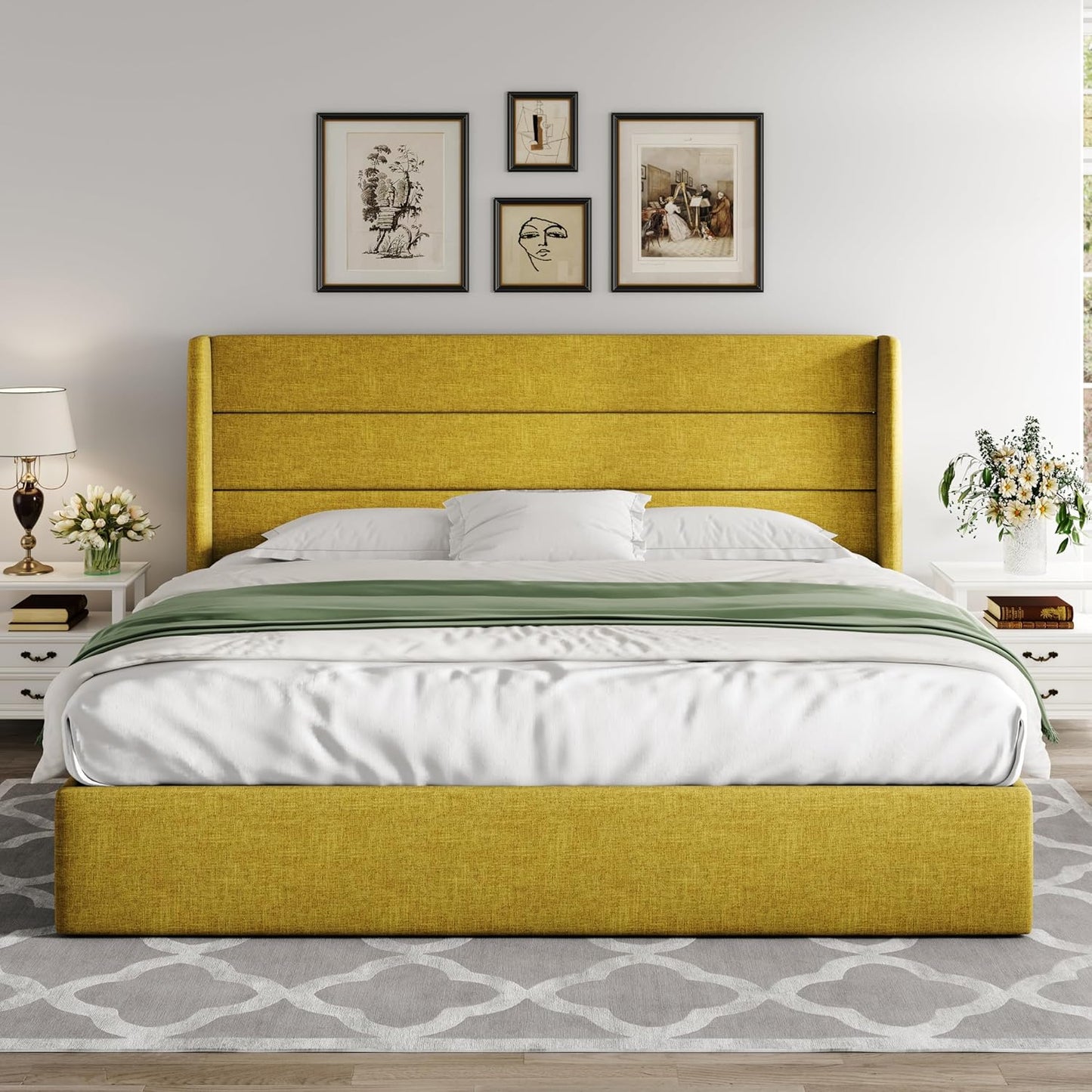 Allewie Queen Size Lift Up Storage Bed, Modern Wingback Headboard, Hydraulic Support, No Box Spring Needed, Light Beige