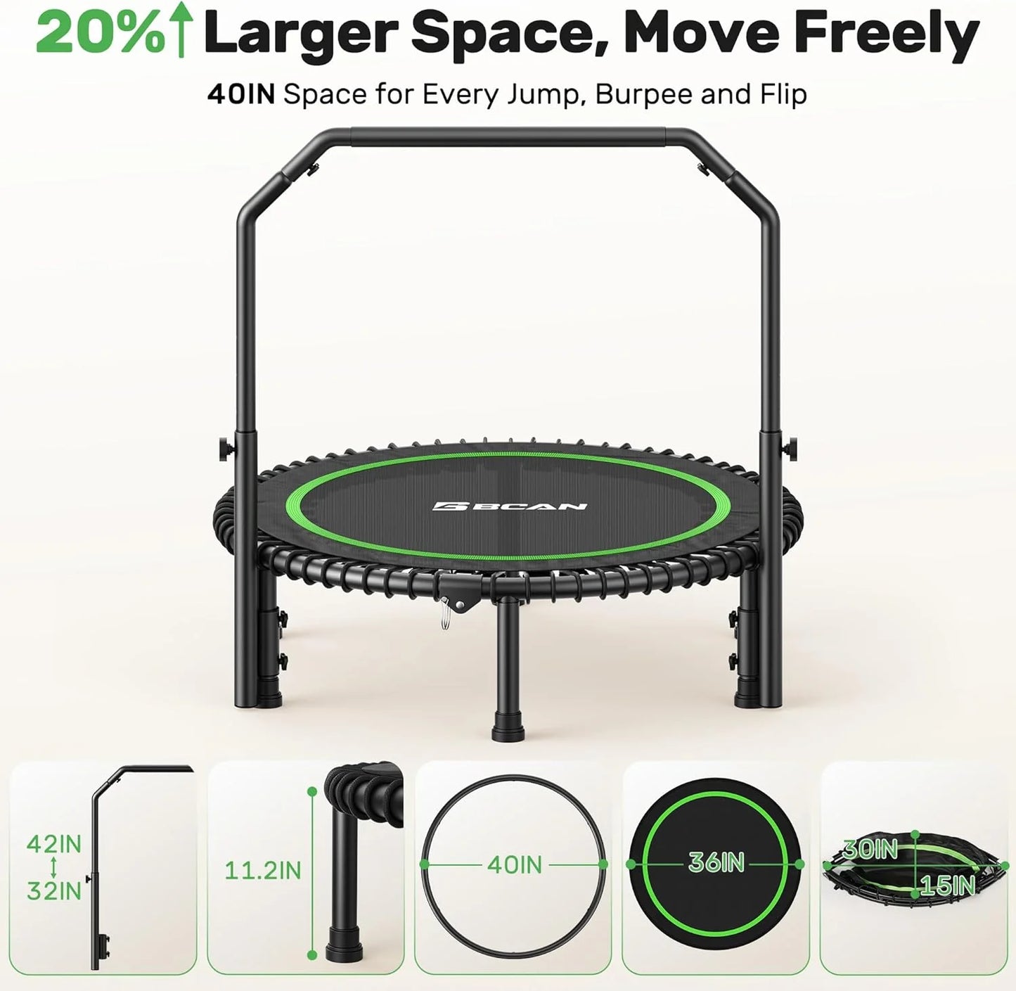 BCAN 450/550 LBS Foldable Mini Trampoline, 40"/48" Fitness Trampoline with Bungees, U Shape Adjustable Foam Handle, Stable & Quiet Exercise Rebounder for Adults Indoor/Outdoor Workout