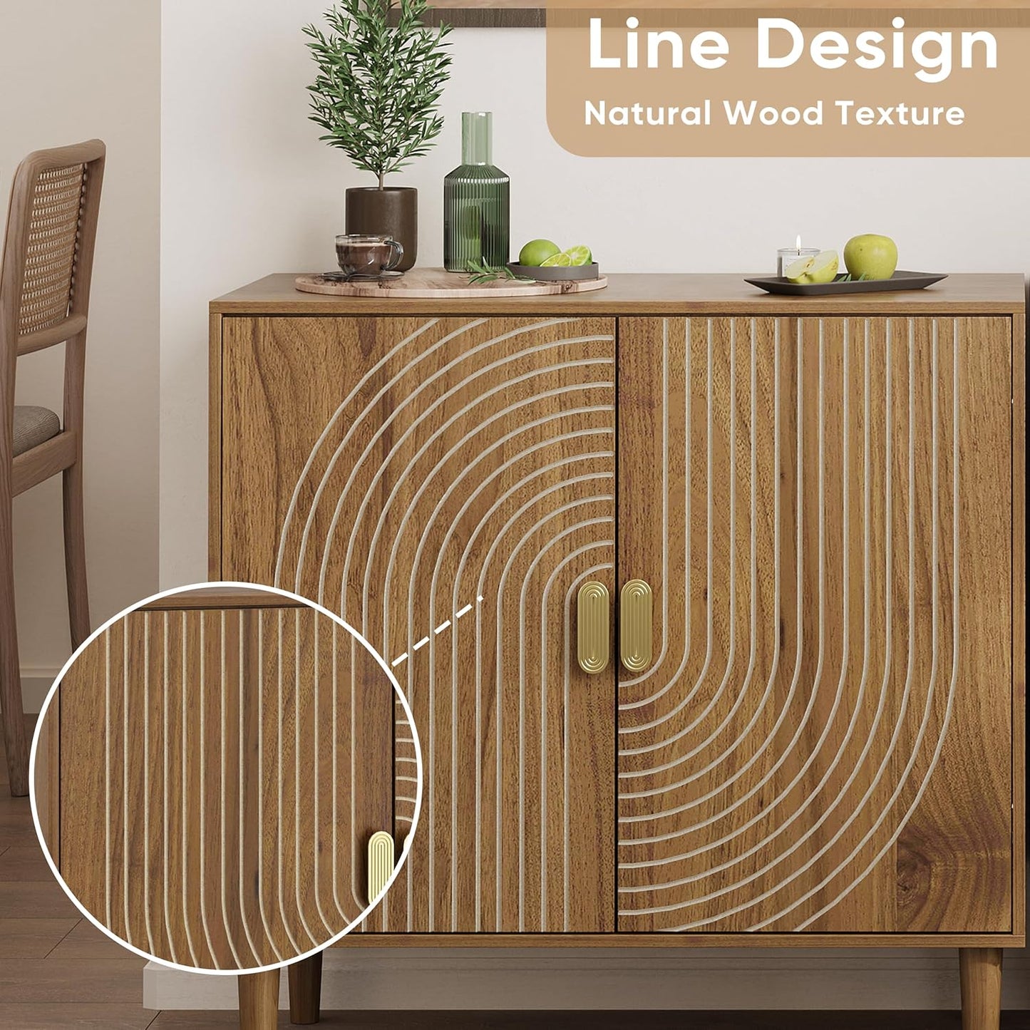 Walnut sideboard, freestanding dining cabinet with cable channel design, wooden storage cabinet with adjustable shelves