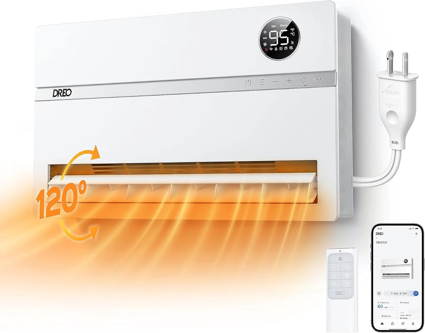 Smart wall mounted heater, bedroom electric heater, 1500W adjustable thermostat 24-hour timer easy to install indoor heater