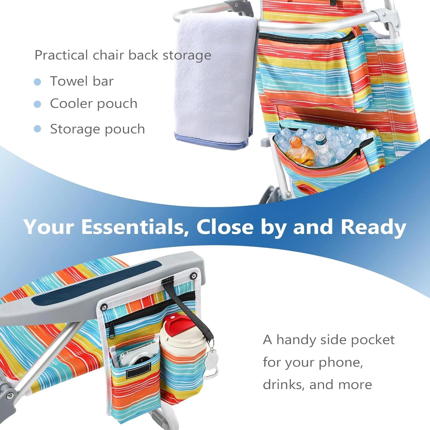 5-Position Aluminum Lay Flat Tall Backpack Beach Chairs 2 Pack Compact Portable Beach Chairs for Adults with Cooler Pouch, Storage Pouch, Towel Bar, Cup Holder & Phone Holder, Blue Stripe