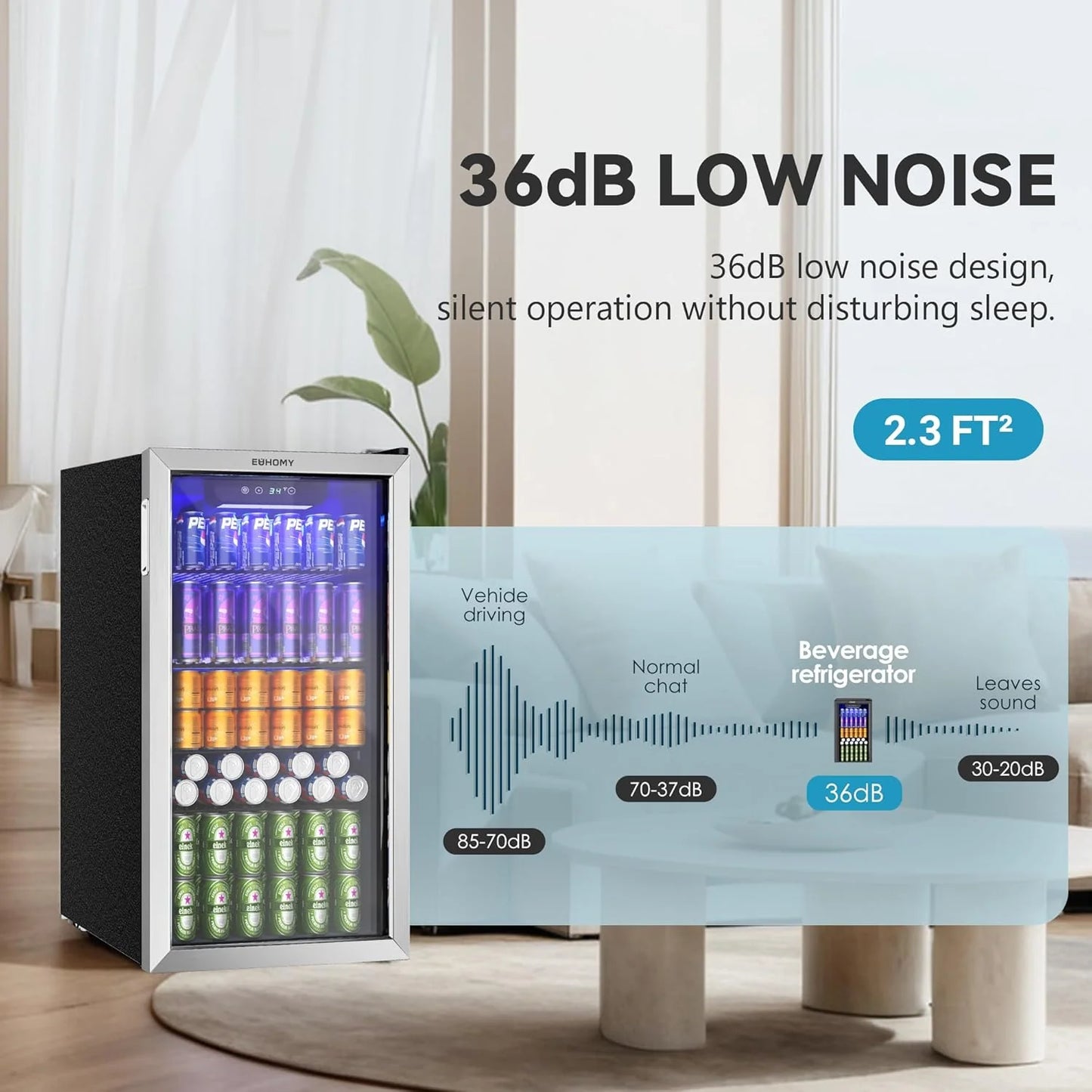 EUHOMY Beverage Refrigerator Cooler, 130 Can Mini Fridge with Glass Door for Soda Beer or Wine, Beverage Cooler for Home, Office, Bar with Adjustable Removable Shelves, Silver