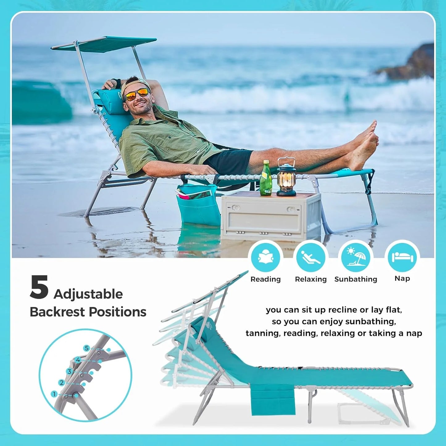 2 Pack Outdoor Chaise Lounge Chair - Portable Folding Patio Pool Lounge Chair, 5 Positions Adjustable Reclining Camping Chair with Side Table,Shoulder Strap, Pillow for Beach Sunbathing Lawn