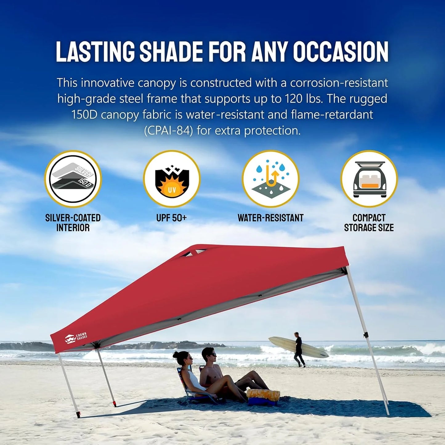 10x10 Pop-Up Awning - One-Click Installation Beach Tent - Outdoor Sunshade Silver Coated Top, 3 Heights and 4 Sand Pockets